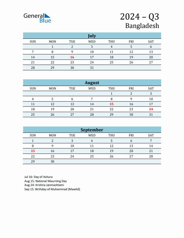 Q3 2024 Quarterly Calendar with Bangladesh Holidays (PDF, Excel, Word)
