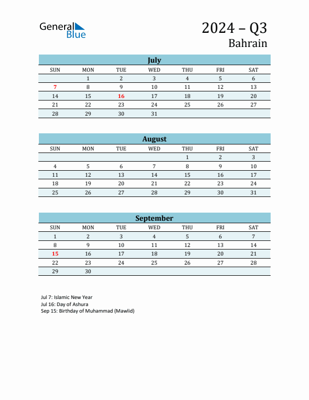 Three-Month Planner for Q3 2024 with Holidays - Bahrain
