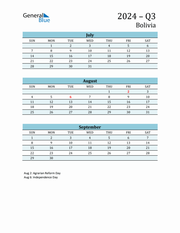 Three-Month Planner for Q3 2024 with Holidays - Bolivia