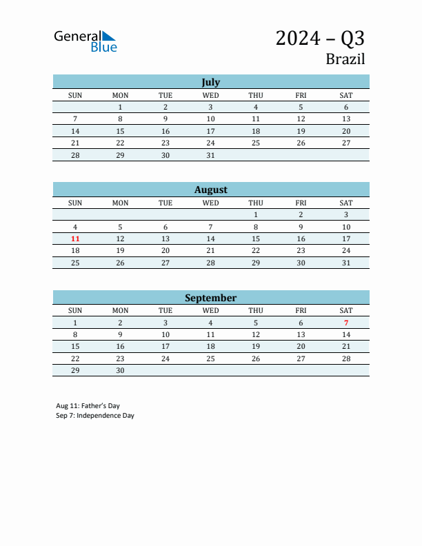 Three-Month Planner for Q3 2024 with Holidays - Brazil