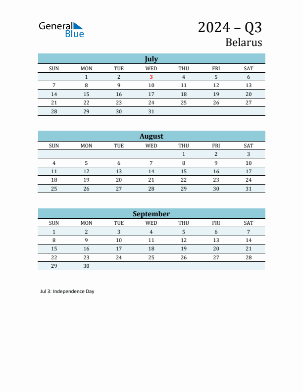 Three-Month Planner for Q3 2024 with Holidays - Belarus