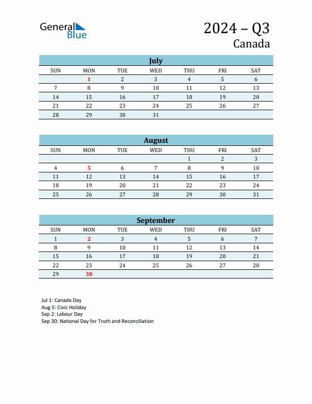 Three-Month Planner for Q3 2024 with Holidays - Canada