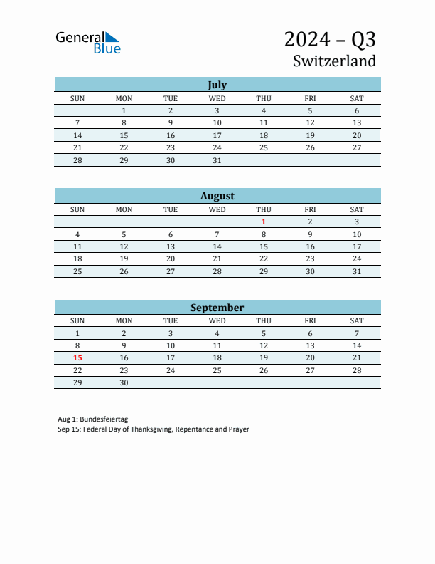 Three-Month Planner for Q3 2024 with Holidays - Switzerland