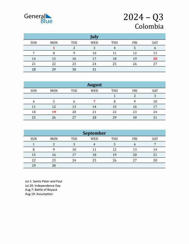 Three-Month Planner for Q3 2024 with Holidays - Colombia