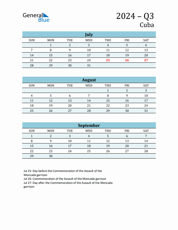 Three-Month Planner for Q3 2024 with Holidays - Cuba