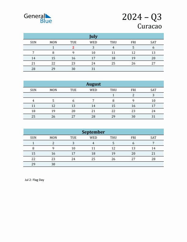 Three-Month Planner for Q3 2024 with Holidays - Curacao