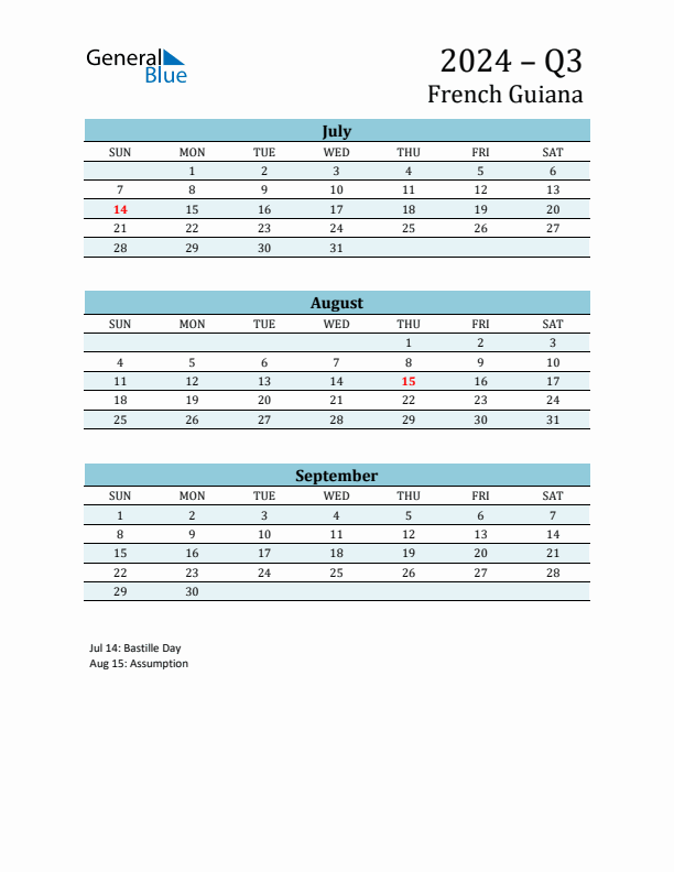 Three-Month Planner for Q3 2024 with Holidays - French Guiana