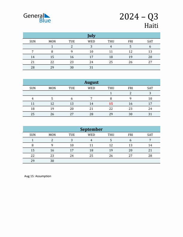 Three-Month Planner for Q3 2024 with Holidays - Haiti