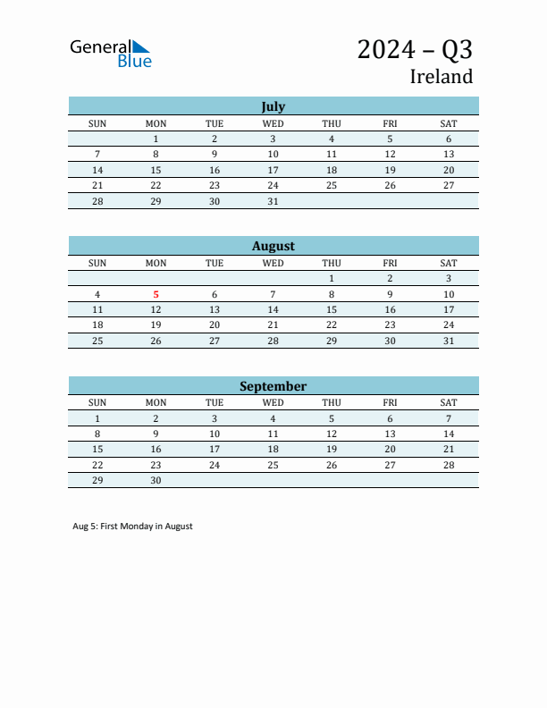 Three-Month Planner for Q3 2024 with Holidays - Ireland