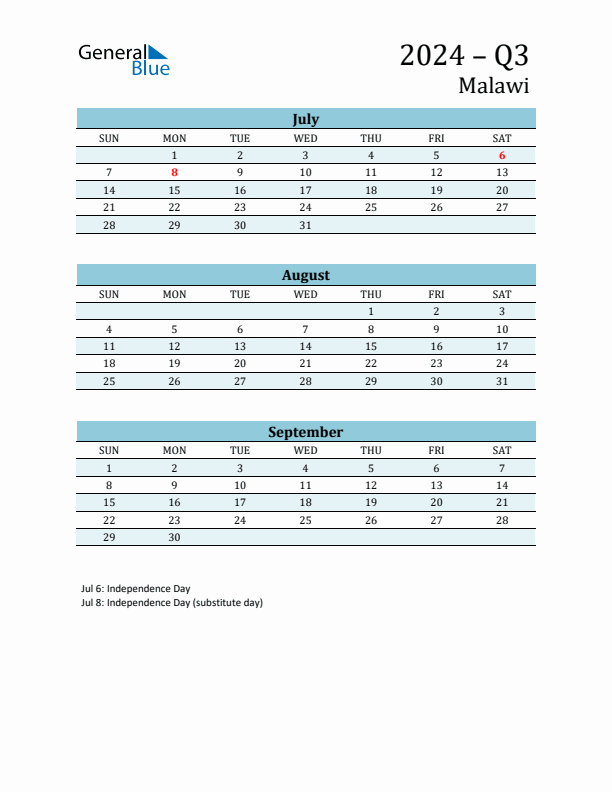 Three-Month Planner for Q3 2024 with Holidays - Malawi