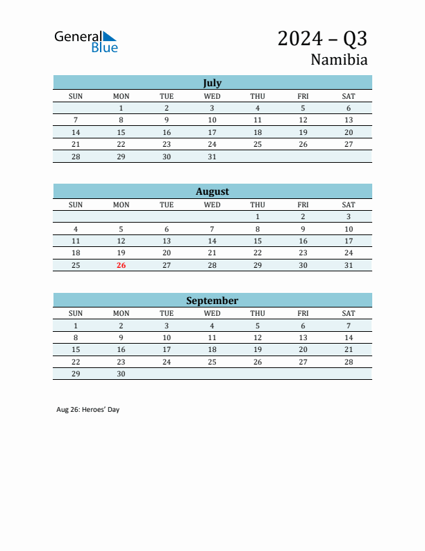 Three-Month Planner for Q3 2024 with Holidays - Namibia