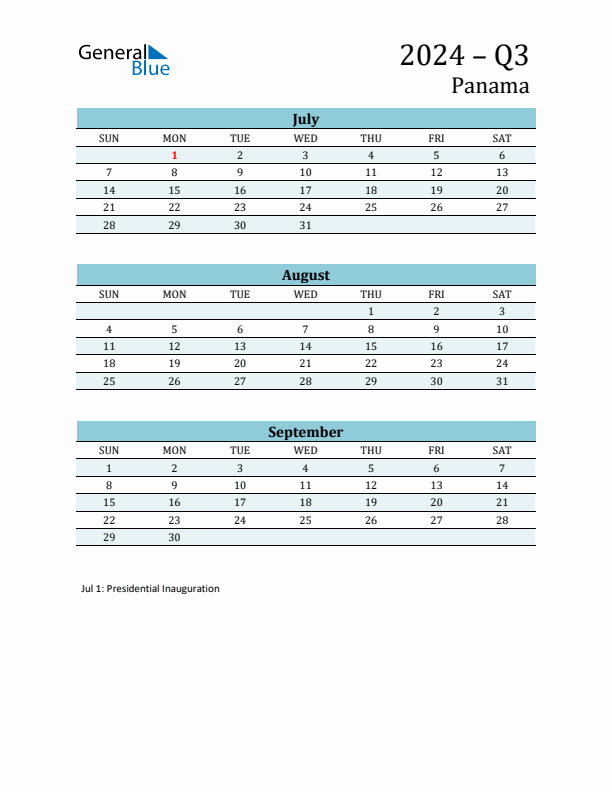 Three-Month Planner for Q3 2024 with Holidays - Panama