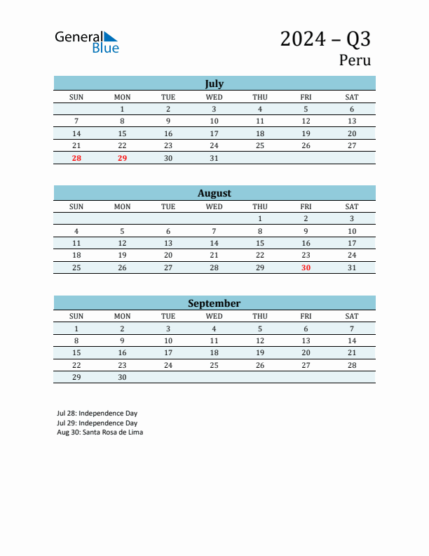 Three-Month Planner for Q3 2024 with Holidays - Peru