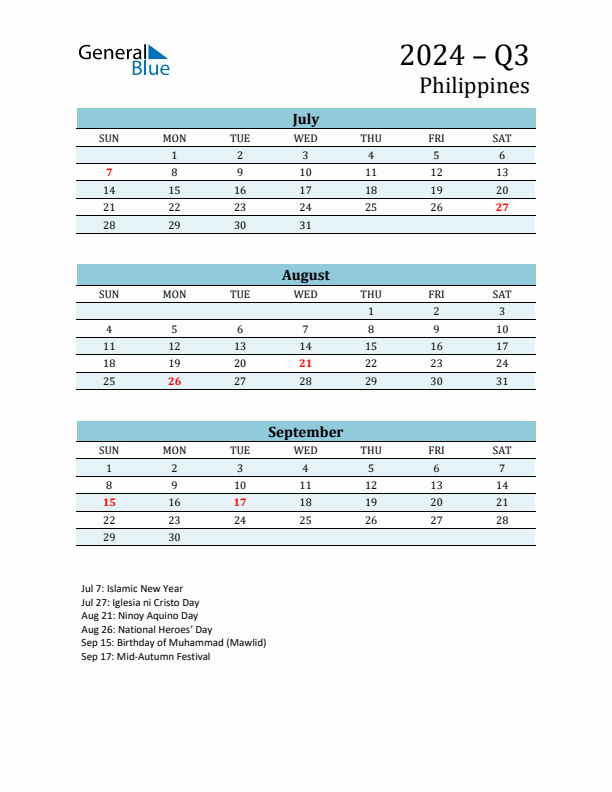 Three-Month Planner for Q3 2024 with Holidays - Philippines