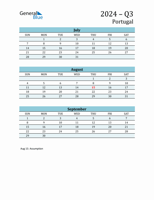 Three-Month Planner for Q3 2024 with Holidays - Portugal