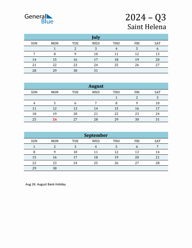 Three-Month Planner for Q3 2024 with Holidays - Saint Helena
