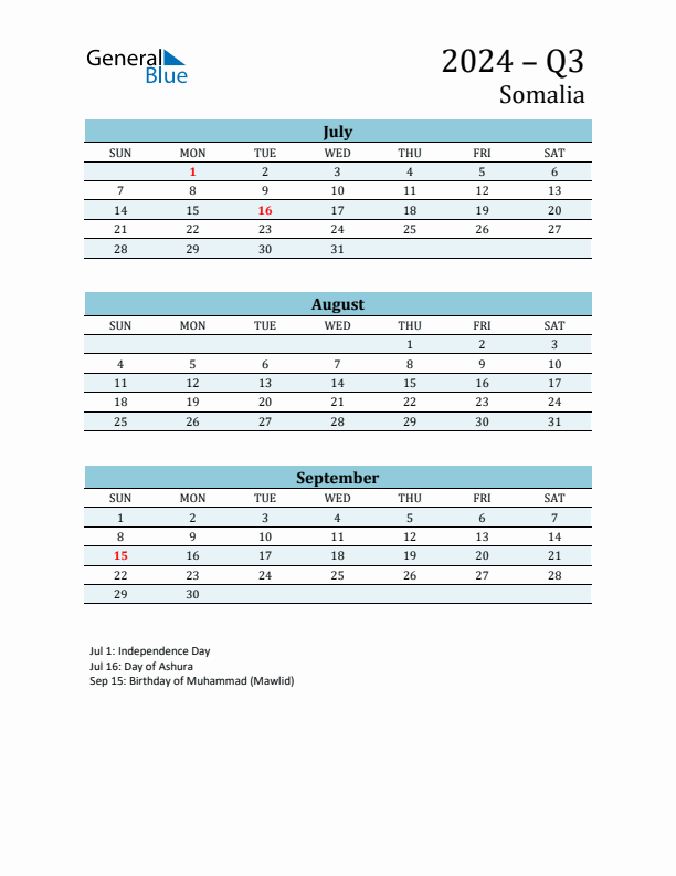 Three-Month Planner for Q3 2024 with Holidays - Somalia