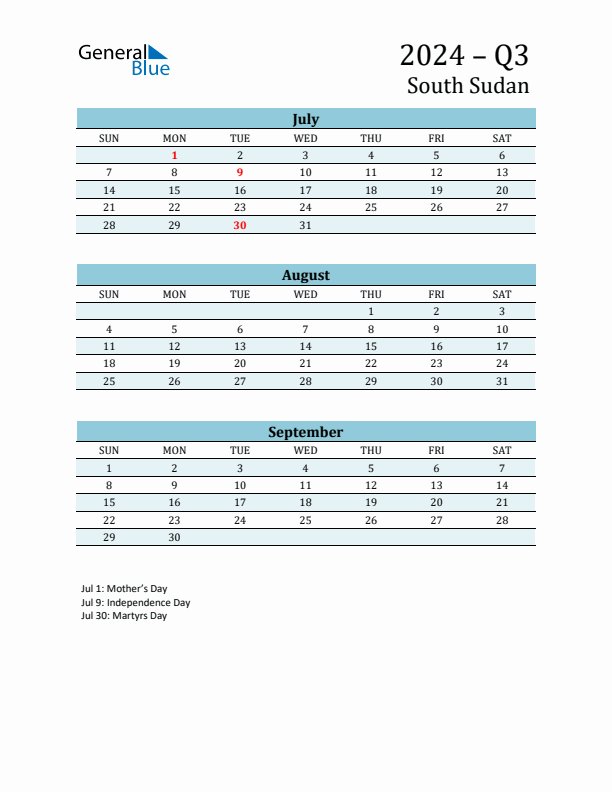 Three-Month Planner for Q3 2024 with Holidays - South Sudan