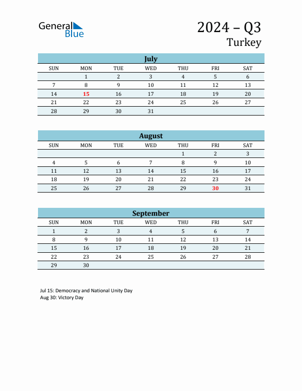 Three-Month Planner for Q3 2024 with Holidays - Turkey