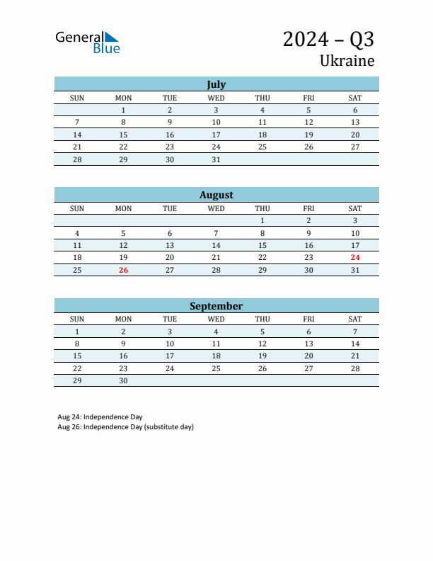 Three-Month Planner for Q3 2024 with Holidays - Ukraine