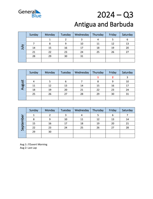  Free Q3 2024 Calendar for Antigua and Barbuda