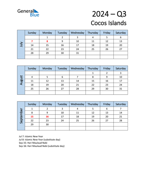  Free Q3 2024 Calendar for Cocos Islands