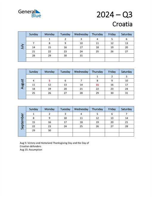  Free Q3 2024 Calendar for Croatia