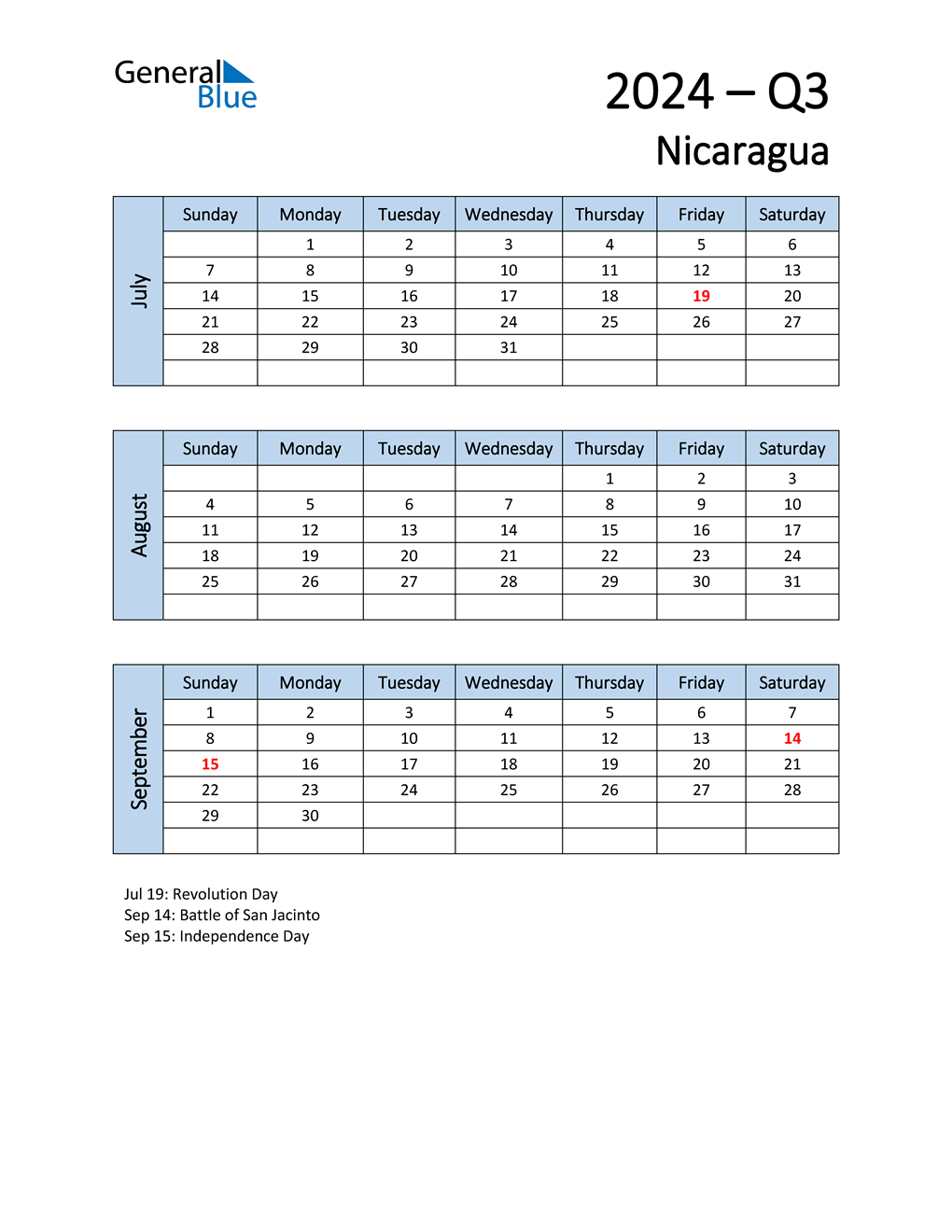  Free Q3 2024 Calendar for Nicaragua