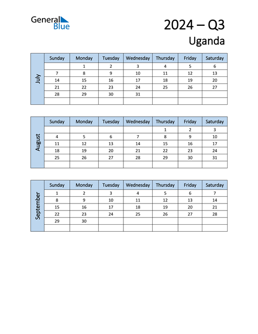  Free Q3 2024 Calendar for Uganda