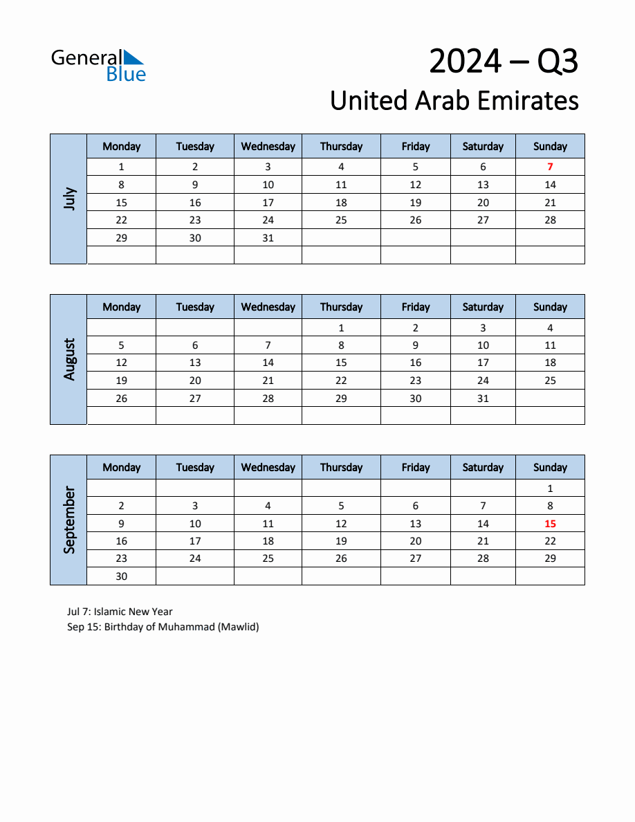 Free Q3 2024 Calendar for United Arab Emirates Monday Start