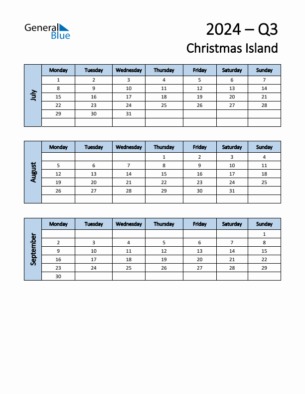 Free Q3 2024 Calendar for Christmas Island - Monday Start
