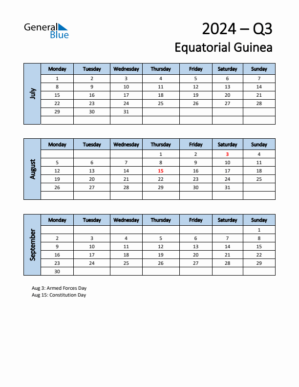 Free Q3 2024 Calendar for Equatorial Guinea - Monday Start