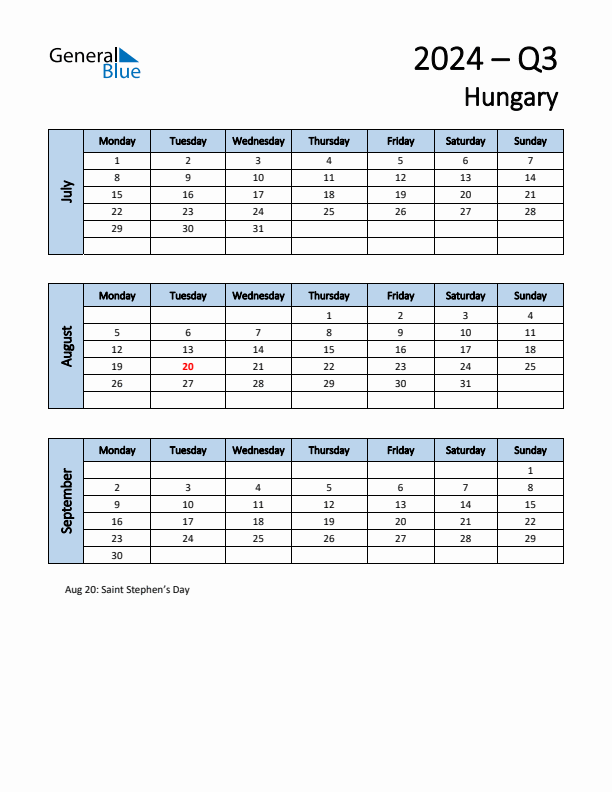 Free Q3 2024 Calendar for Hungary - Monday Start