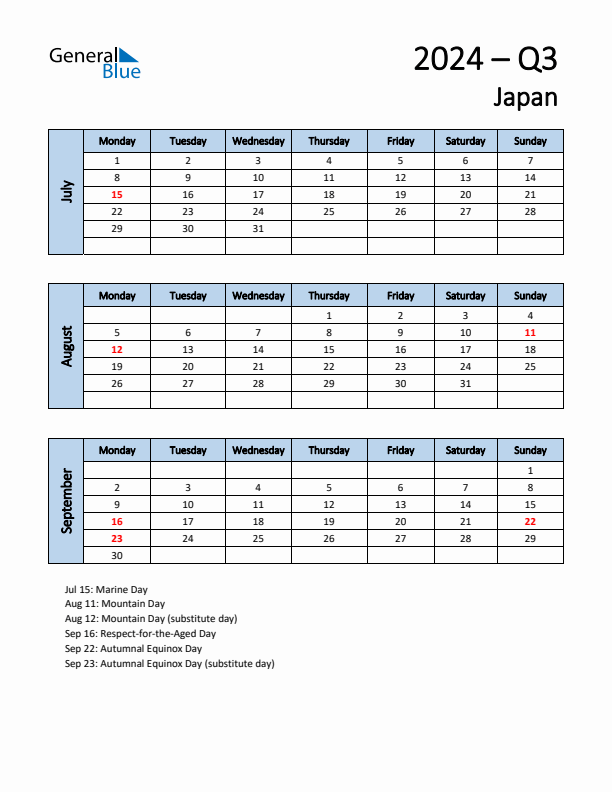 Free Q3 2024 Calendar for Japan - Monday Start