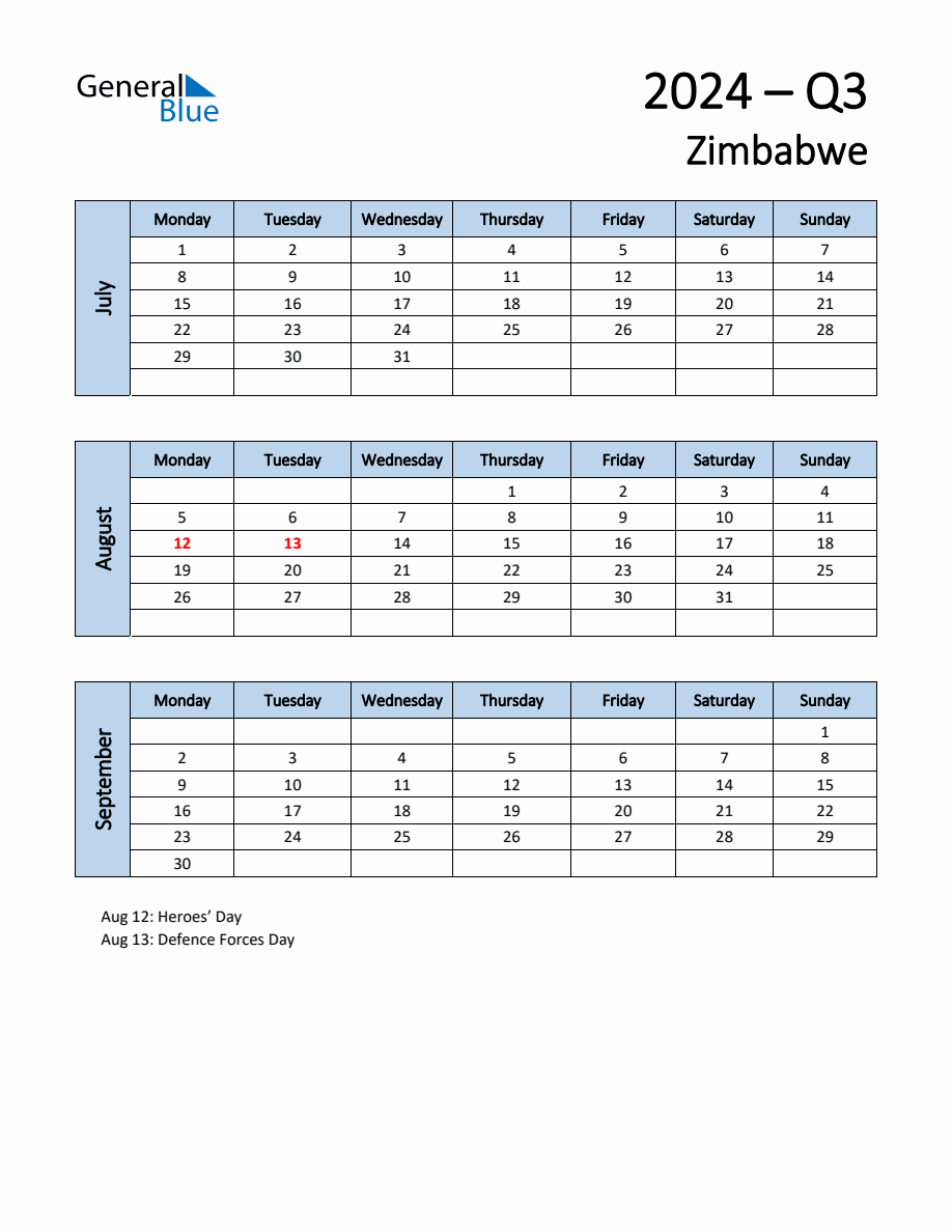 Free Q3 2024 Calendar for Zimbabwe Monday Start