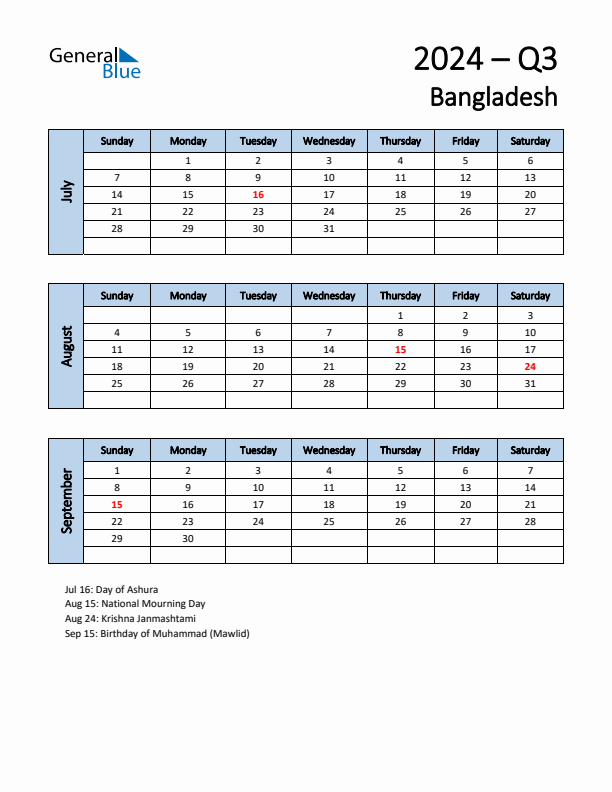 Free Q3 2024 Calendar for Bangladesh - Sunday Start