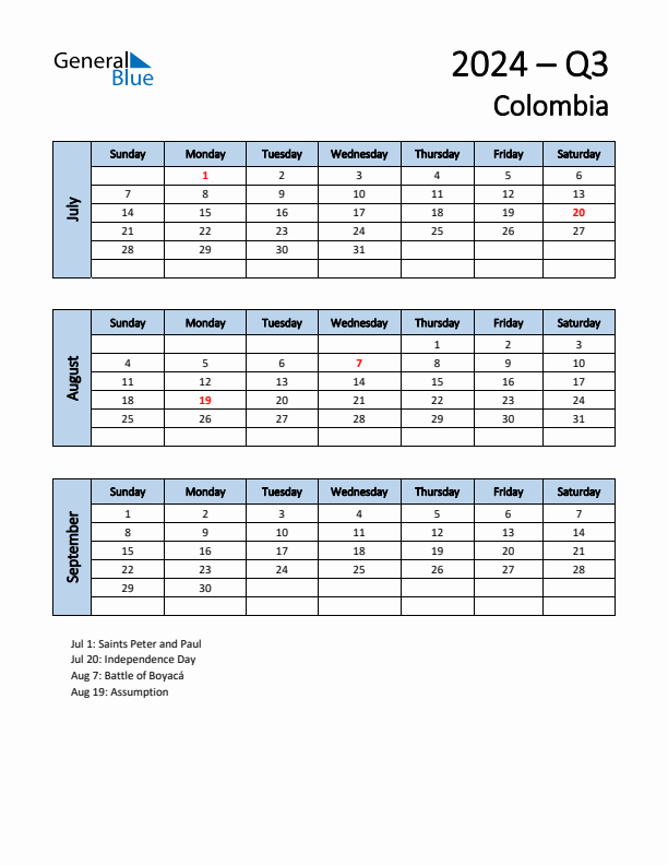 Free Q3 2024 Calendar for Colombia - Sunday Start