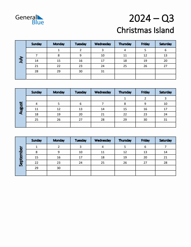 Free Q3 2024 Calendar for Christmas Island - Sunday Start