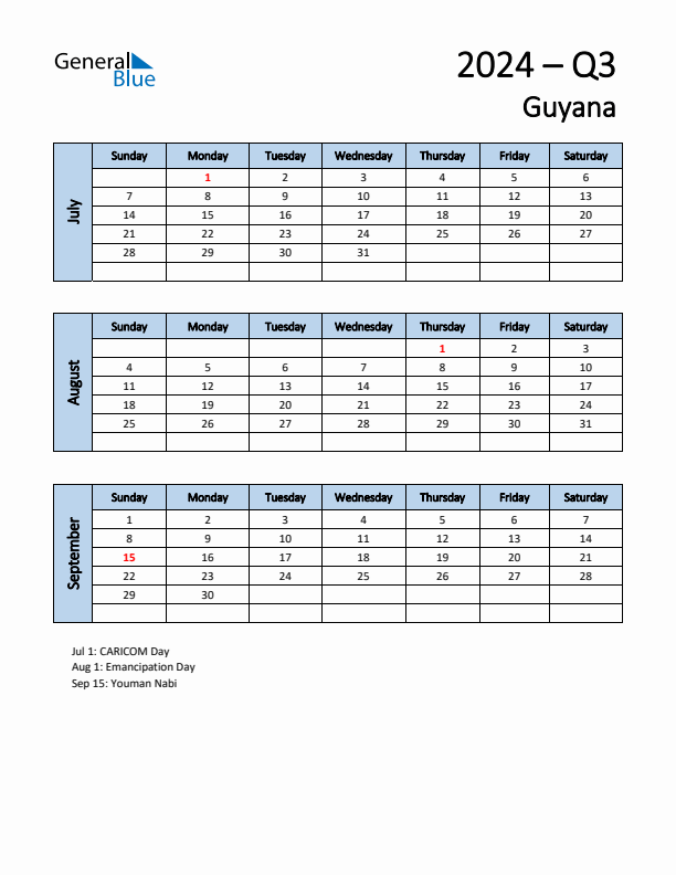 Free Q3 2024 Calendar for Guyana - Sunday Start