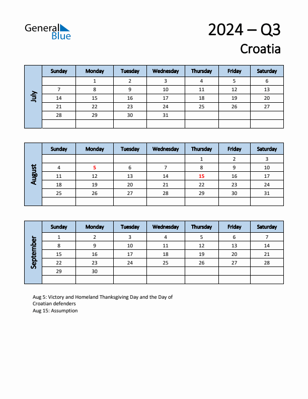 Free Q3 2024 Calendar for Croatia - Sunday Start