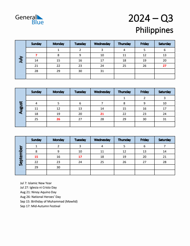 Free Q3 2024 Calendar for Philippines - Sunday Start