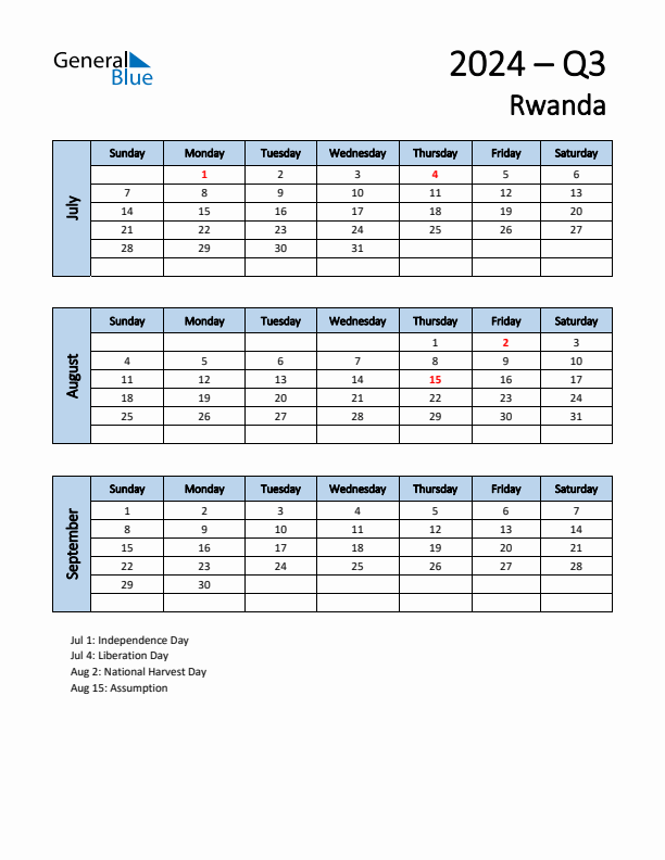 Free Q3 2024 Calendar for Rwanda - Sunday Start