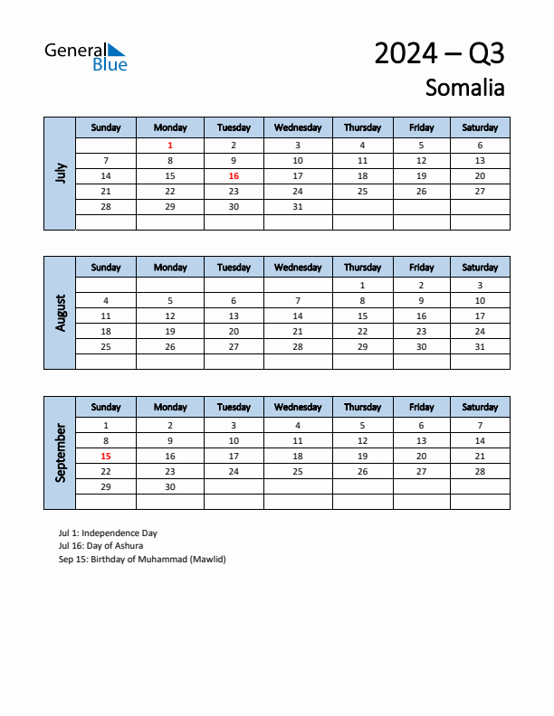 Free Q3 2024 Calendar for Somalia - Sunday Start