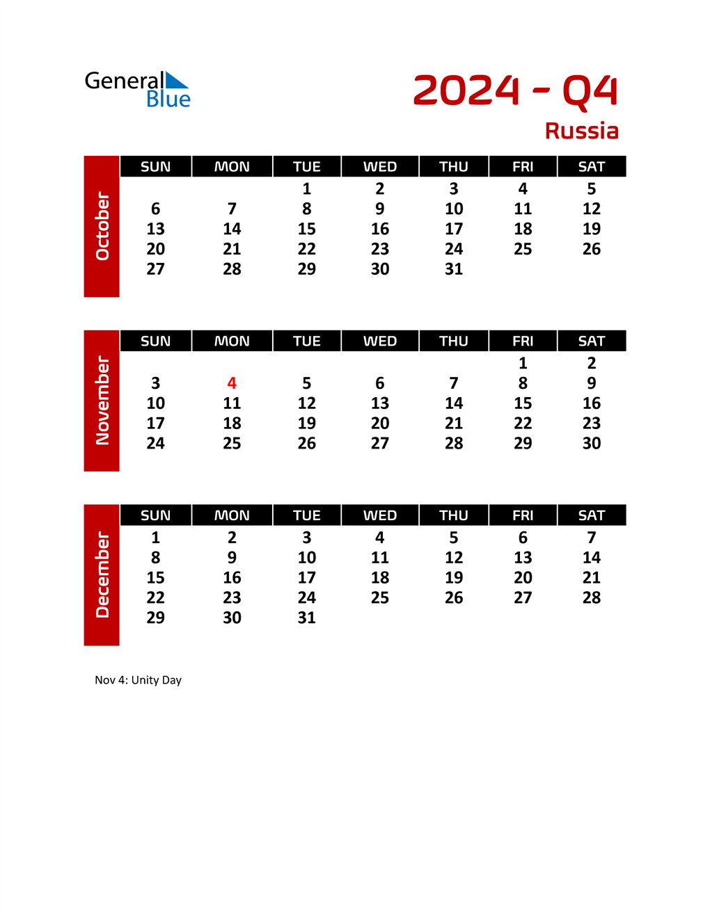  Q4 2024 Calendar with Holidays