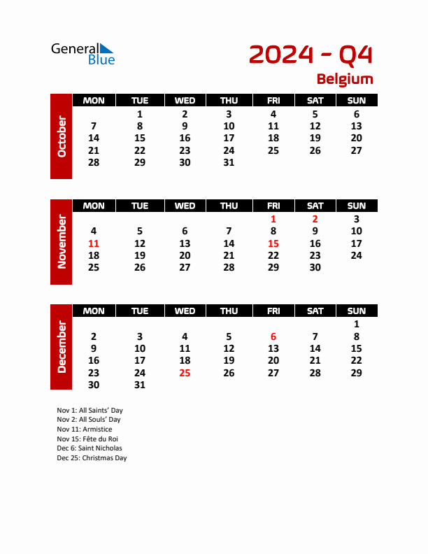 Threemonth calendar for Belgium Q4 of 2024