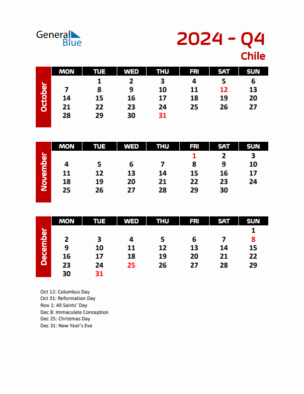 Threemonth calendar for Chile Q4 of 2024