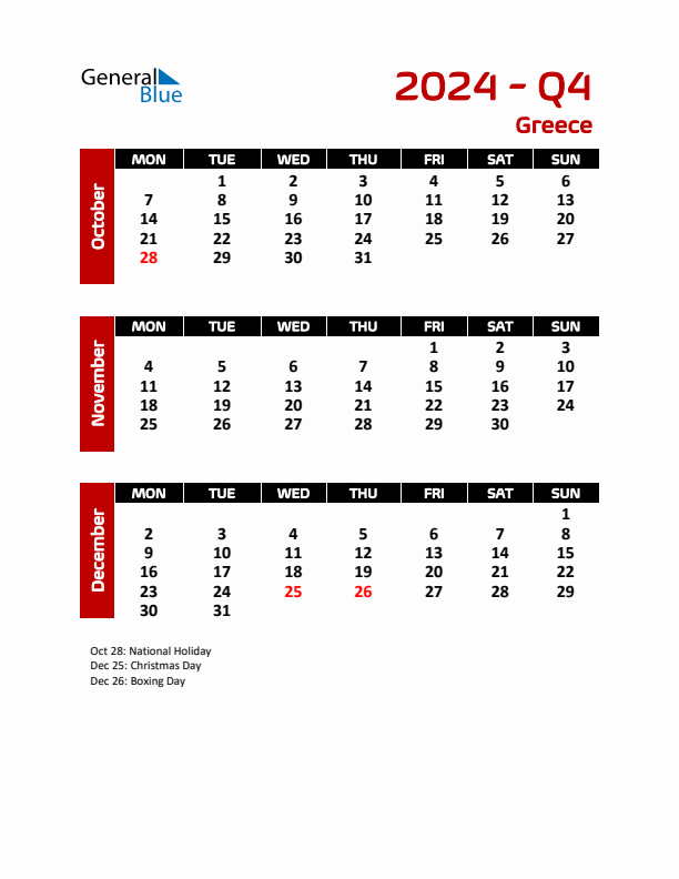 Threemonth calendar for Greece Q4 of 2024