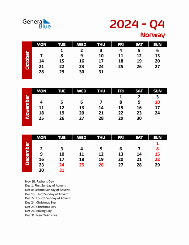 Q4 2024 Calendar with Holidays