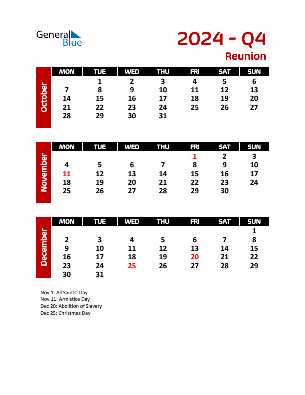 Threemonth calendar for Reunion Q4 of 2024