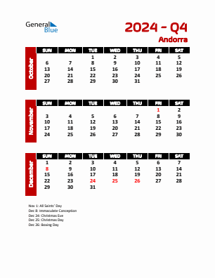 Andorra Quarter 4  2024 calendar template